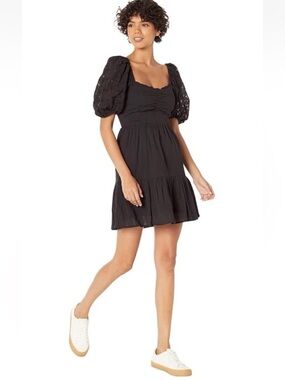 Heartloom Cella Puff Sleeve Cotton Voile Flare Dress in Black Size Large NWT
